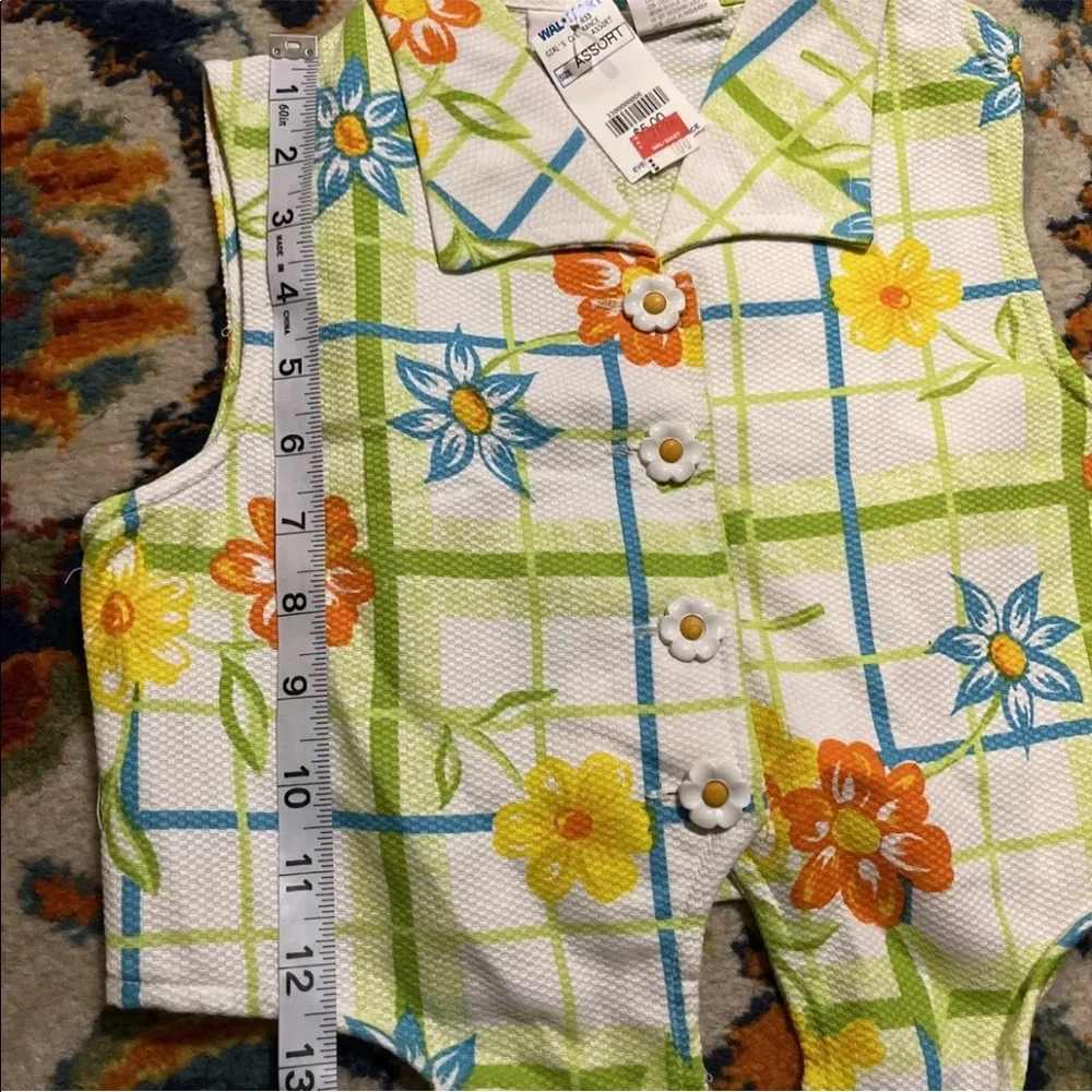 Vintage Girls In Design Blue Orange Green Floral Button Tie Front Shirt